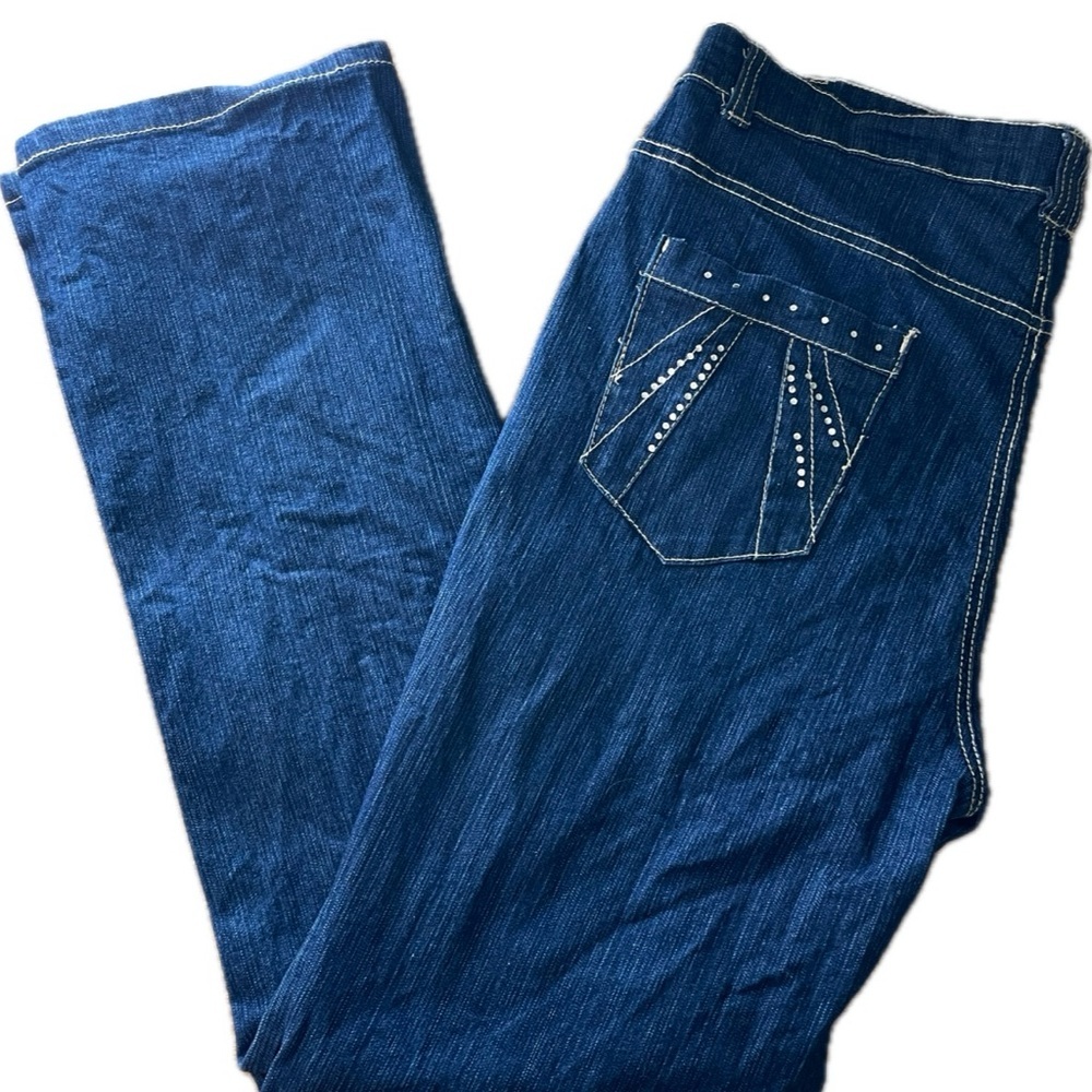Hee by Heevica Straight Leg Jeans Women 14 Dark Blue High Rise Embellished Bling - Picture 1 of 8